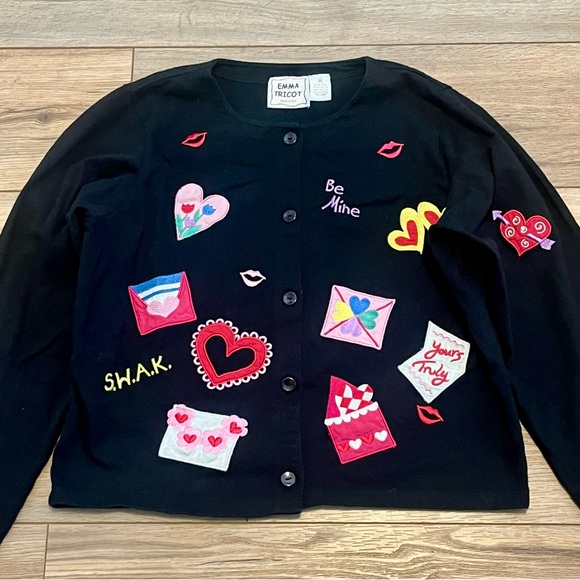 Emma Tricot Valentine Cardigan Top SZ Medium Black Button Up Embroidered Y2k - Picture 2 of 9